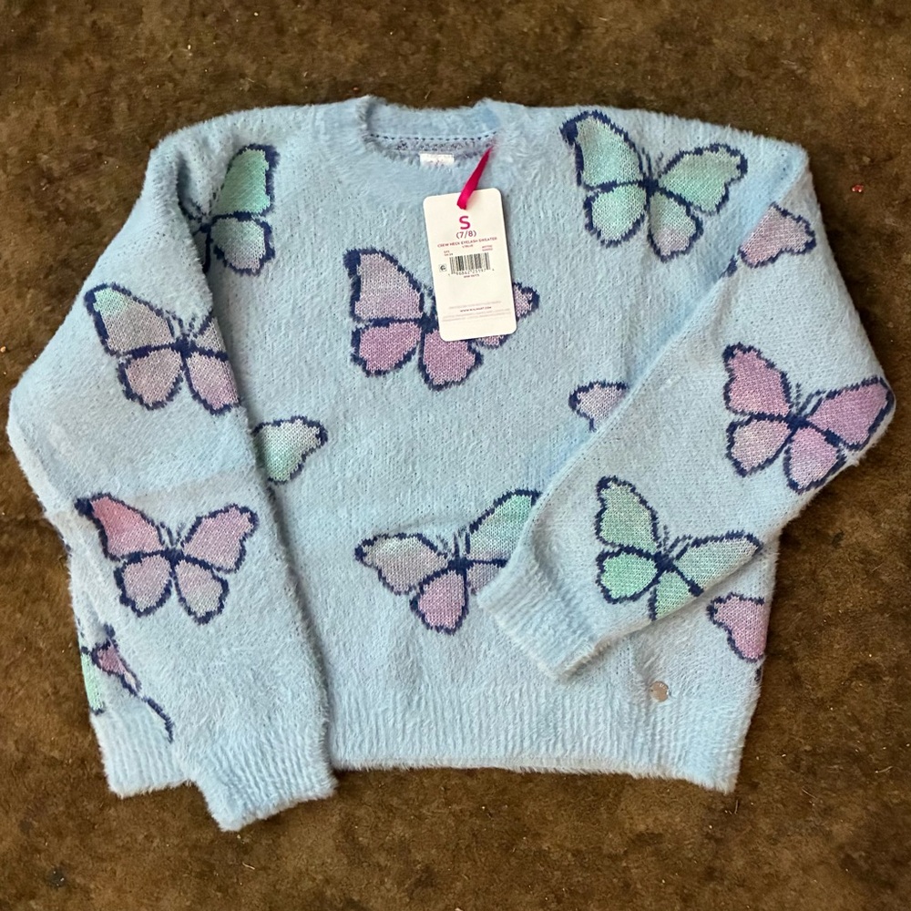 NWT Justice light blue w/Pastel Butterfly Sweater girls.size small (7/8).